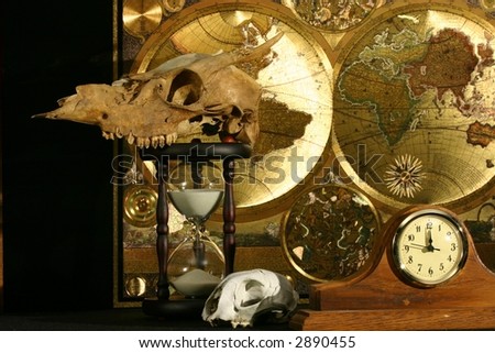 World Map, Hourglass, clock, and two skulls