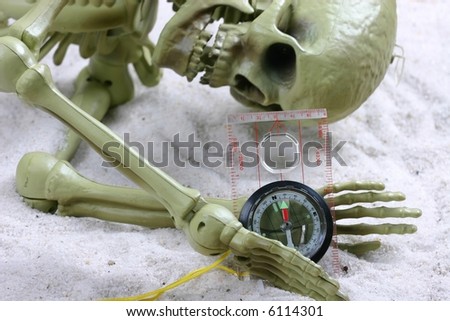 Skeleton holding compass after it is too late to use it
