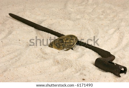 Confederate Civil War Belt Buckle or Sword Belt Plate and Authentic Bayonet in the Sand