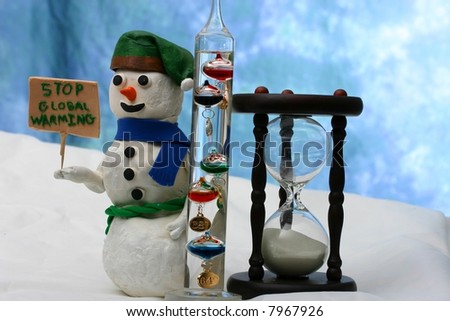 Snowman with galileo thermometer, hourglass, and \