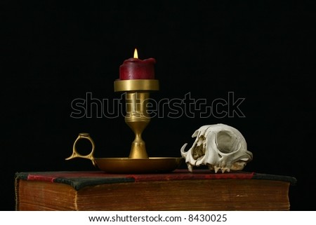 Candle and Animal Skull on an old heavy book