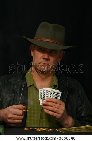 Gambler placing bet and looking to his right