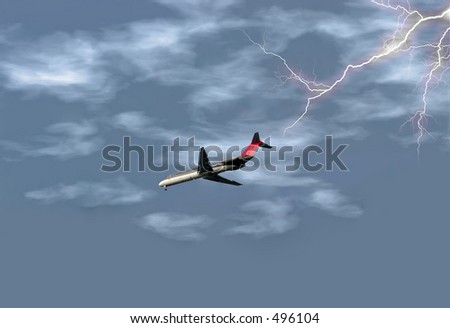 Airplane getting ready to land in the midst of a lightening storm.