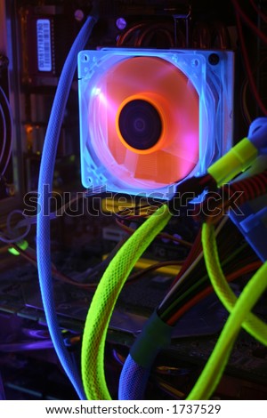 Inner workings of a computer system, illuminated by dual twelve inch cathodes.