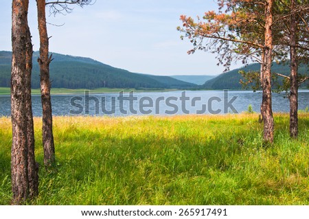 View of the lake and mountains. Beautiful summer landscape. Small depth of field