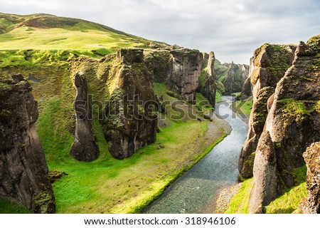 Beautiful Fjadrargljufur canyon with river and big rocks. South of Iceland
