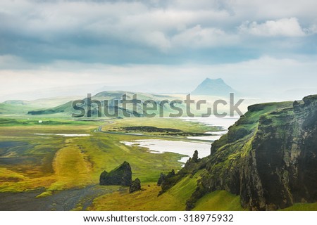 Fantastic landscape with view of the hills and mountains. South of Iceland
