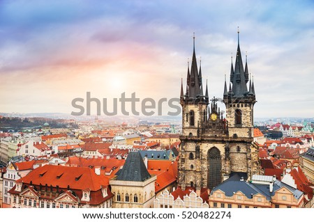 Panoramic view of Old Town Square and Tyn church in Prague, Czech Republic