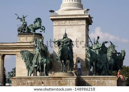 BUDAPEST-JULY 20: Tourists visit Millennium Monument in Heroes Square on 20 July 2013 in Budapest, Hungary. This square has been UNESCO World Heritage site since 2002.