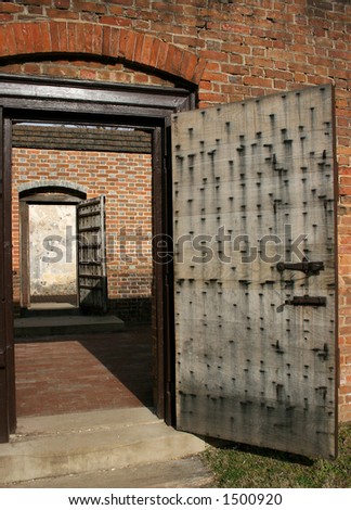 Old Brick Jail with Two Open Doors at Colonial Williamsburg, Virginia