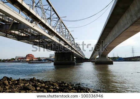 Twin old and new bridge across Chaopraya river,Bangkok,Thailanad.