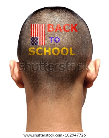 A teen school boy back head with short hair cut and  back to school painted over US flag pattern on isolated with clipping path