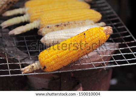 grilled yellow corn on metal grid over old style stove at the market, Thailand