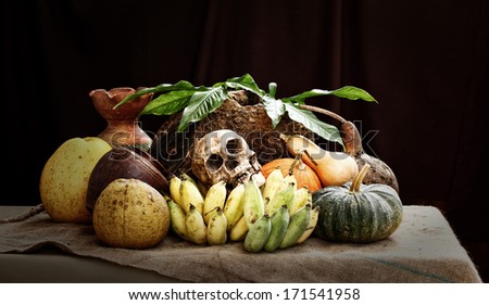 still life art photography on skull banana pumpkin and wood log with clay jar