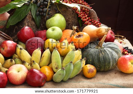still life art photography on banana pumpkin mixed fruits and wood log with clay jar