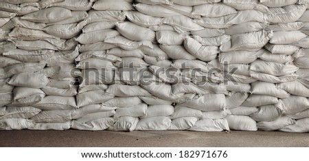 Old used sand bags panel help keep flood waters out of a town Process Flood protection