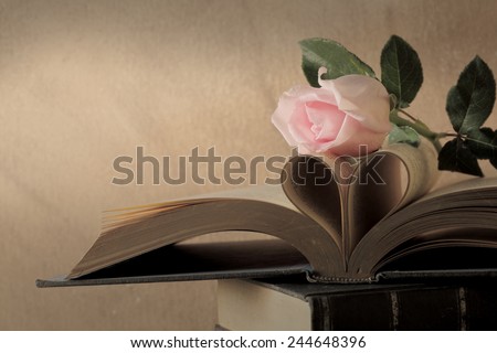 Still life art photography love concept with pink rose vintage book pages love heart sign on grunge