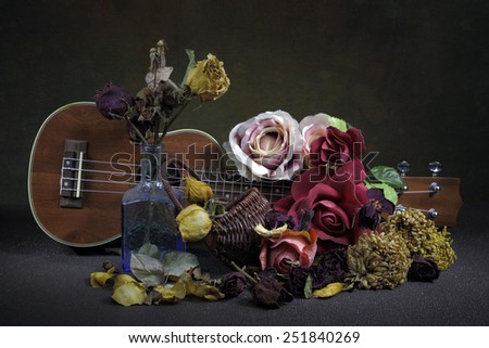 Dried roses love theme with ukulele musical instrument still life art style