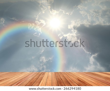 Sun sky cloud rainbow with wood pave way
