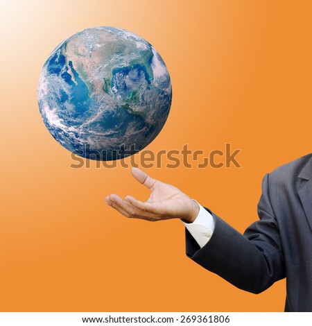 Man hand palm up with global image as design element over orange shade Elements of this image furnished by NASA