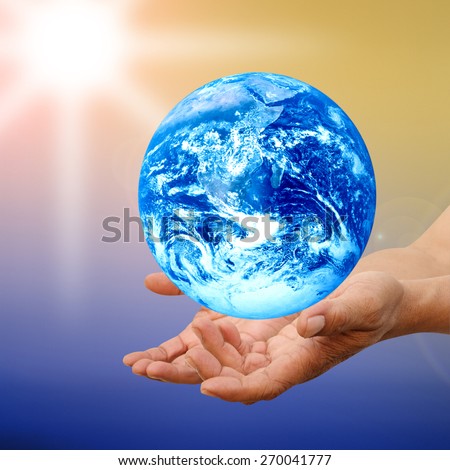 Human hands palm up with global image over white Elements of this image furnished by NASA