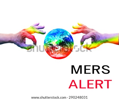Hands index and thumb picking global Earth flexible with MERS Middle East Respiratory Syndrome ALERT  Elements of this image furnished by NASA