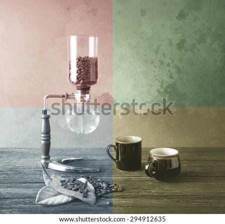 Syphon coffee preparing in the morning light and waiting two cups with bean and leaves poster style ready use