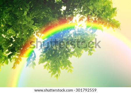 Fresh mild early growth green leaves and branches with abstract rainbow on sunrise blurred background