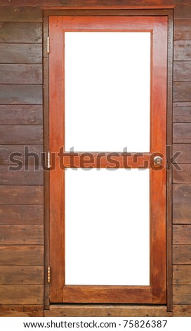 wood panel and wood  door set frame with latch flap and knob