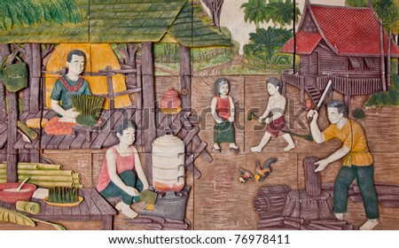 Thai low relief image illustrated former Thai people in rural life style