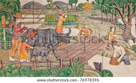 Thai low relief image illustrated former Thai people in rural life style