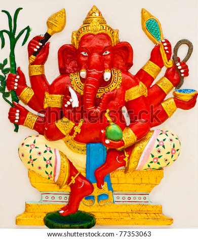 Indian God Ganesha avatar image in stucco low relief technic with vivid color,Wat Samarn, Chachoengsao,Thailand.