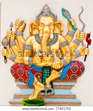 Indian or Hindu God Ganesha avatar image in stucco low relief technique with vivid color,Wat Samarn, Chachoengsao,Thailand.