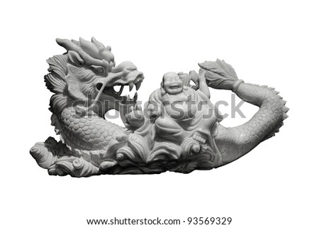 Fat Chinese God with smiling face riding on dragon back handcraft from white jade isolated working path on white background found in Wat Thai, Chaingrai, Thailand.