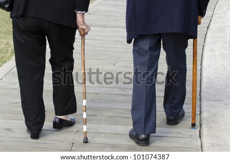 Bottom half of an elderly couple walking with a wood cane sticks. Concept photo of old age, health care, senior couple, old people lifestyle, pensioner, love, relationship, retirement.