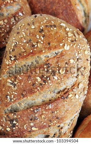 Gluten free bread on display in healthy food bakery shop.