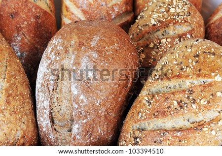Gluten free bread on display in healthy food bakery shop.