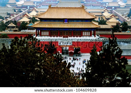 An aerial bird view of the architecture building and decoration of the Forbidden City in Beijing, China.