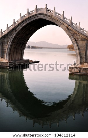 Water reflection of an Arch Bridge at The Summer Palace in Beijing, China..