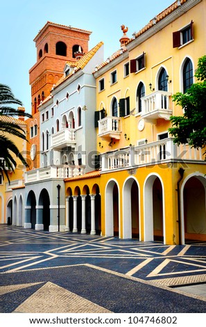 Colorful colonial Portuguese Buildings in bright and contrasting colors in Macau macau fisherman wharf.