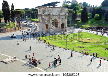 The Arch of Constantine as view from The Colosseum of Rome in Rome Italy.