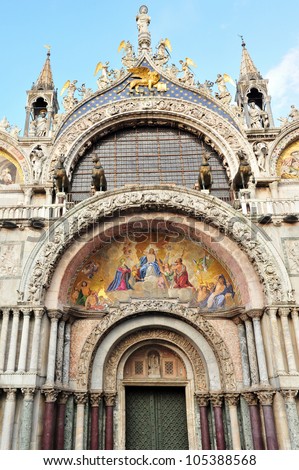 The Patriarchal Cathedral Basilica of Saint Mark at the Piazza San Marco - St Mark\'s Square , Venice Italy.
