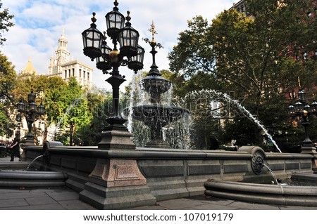 Water fountain in City Hall Park in Manhattan New York City NY USA.