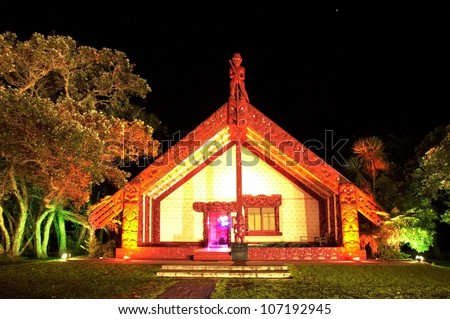 WAITANGI - FEBRUARY 06: Exterior view at night of the Maori meeting house (Marae) near the Treaty House on February 06 2004 in Waitangi, New Zealand.