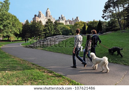 NEW YORK - OCTOBER 10: New Yorkers walks their dogs in Central Park on October 10 2009 in Manhattan New York. The park initially opened in 1857, on 843 acres (3.41 km2) of city-owned land.