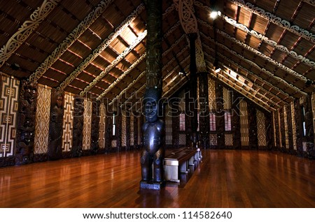 WAITANGI - OCTOBER 02: Interior view of the Maori meeting house (Marae) near the Treaty House on October 02 2012 in Waitangi, New Zealand.