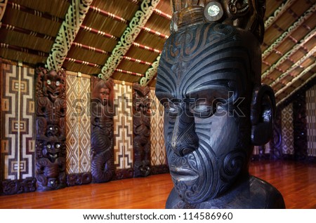 WAITANGI - OCTOBER 02: Interior view of the Maori meeting house (Marae) near the Treaty House on October 02 2012 in Waitangi, New Zealand.