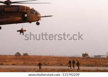 HATZERIM - JUNE 28:Special forces unit 669 is demonstrating its evacuation skills during combat using a CH-53 Sea Stallion helicopter at Hatzerim Air Force Base in Beer Sheva,Israel on June 28, 2007.