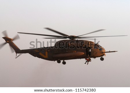 HATZERIM-JUNE 28:Special forces unit 669 is demonstrating its evacuation skills during combat using a CH-53 Sea Stallion helicopter at the Hatzerim Air Force Base in Beer Sheva,Israel on June 28, 2007
