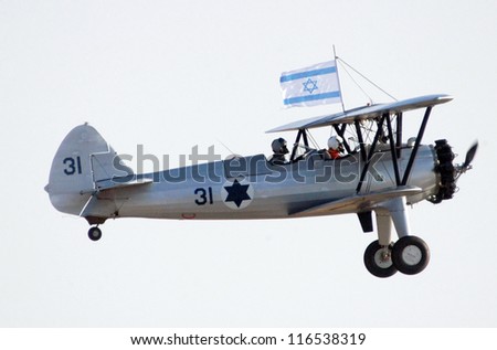 BEERSHEBA-JUNE 28: Avia BH-21 plane fly above Hatzerim Air Force base near Beersheba, Israel on June 28, 2007.It was a robust biplane during the period between World War I and World War II.
